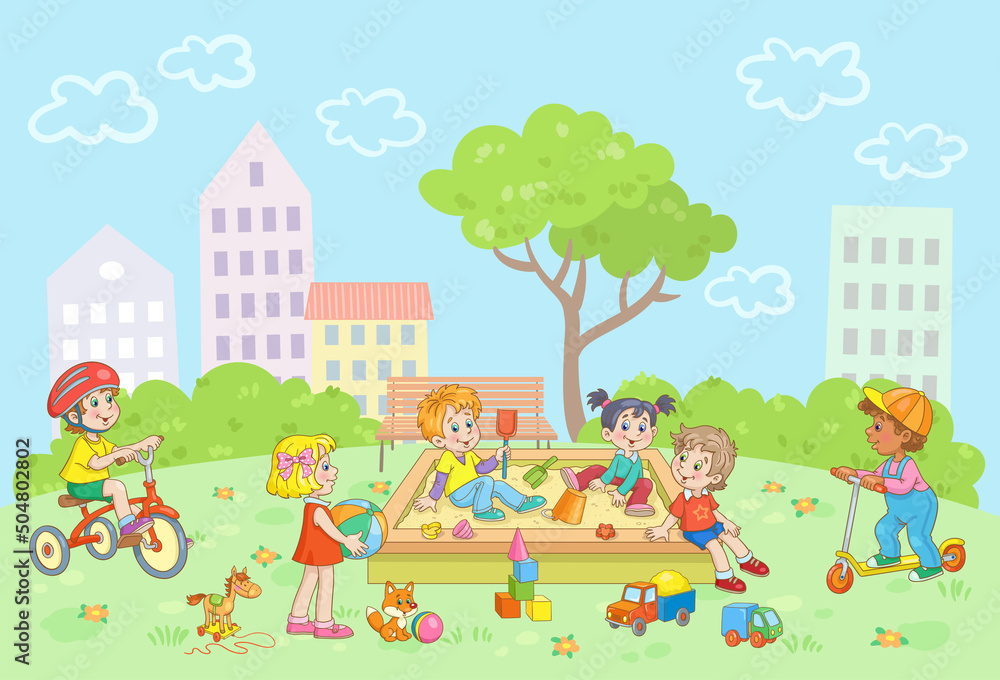 Children of different nationalities play in the sandbox in the city park in summer. Banner in cartoon style. Vector illustration
