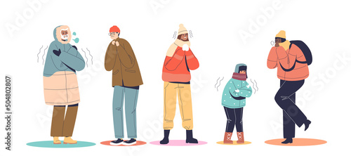 Set of people wearing warm wither clothes and freezing shivering from cold, tremble, embracing body