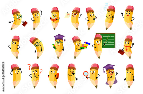 Set of cartoon yellow pencils school characters with smile faces different emoji and eraser