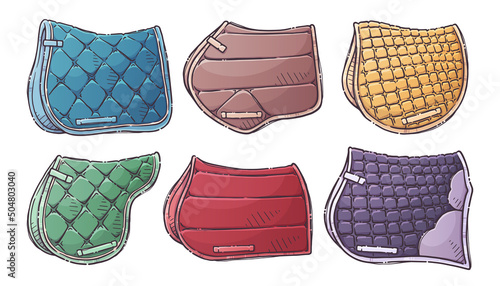 Hand drawn equestrian equipment collection Vector. Different types of saddle pads.