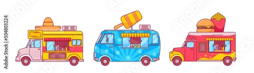 Tex Mex, Ice Cream, French Fires and Burger Food Trucks. Vans for Street Junk Food Selling, Car Restaurant on Wheels