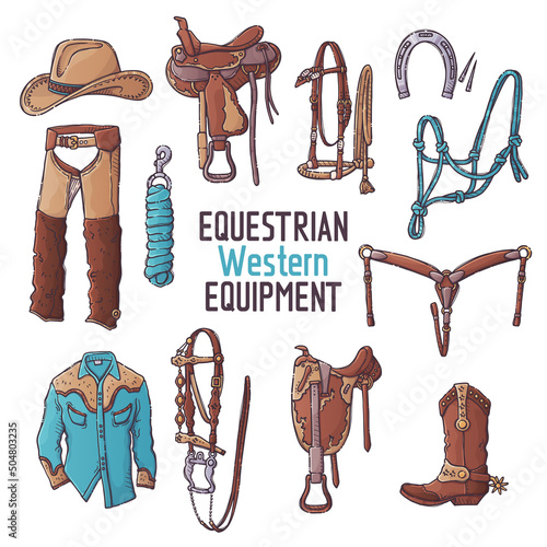Hand drawn equestrian equipment collection Vector. Western accessories. Sports gear.