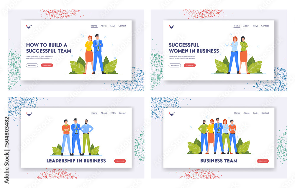 Business Team Landing Page Template Set. Characters Stand with Crossed Arms. Businessmen and Businesswomen