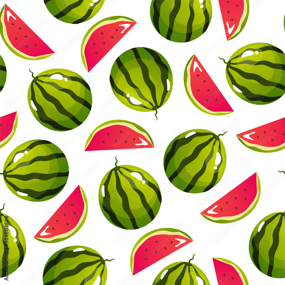 Whole and slice watermelon seamless pattern. Vector flat cartoon graphic design illustration
Whole and slice watermelon seamless pattern. Vector flat cartoon graphic design illustration