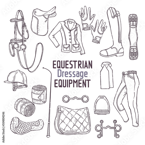 Hand drawn equestrian equipment collection Vector. Dressage accessories. Sports gear. photo