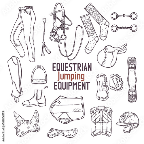 Hand drawn equestrian equipment collection Vector. Jumping accessories. Sports gear.