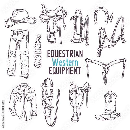 Hand drawn equestrian equipment collection Vector. Western accessories. Sports gear.