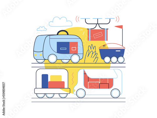 Technology Memphis - autonomous delivery -modern flat vector concept digital illustration of last mile robot delivery trucks. Creative landing web page illustration