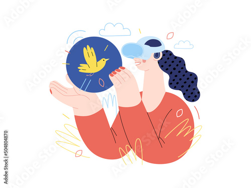 Technology Memphis - virtual reality -modern flat vector concept digital illustration of a woman wearing VR goggles headset touching a simulated bird. Creative landing web page illustration