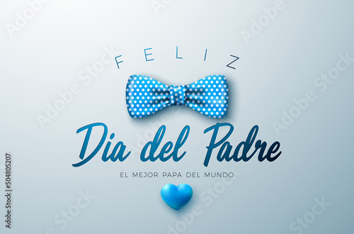 Happy Father's Day Greeting Card Design with Dotted Blue Bow Tie and Heart on Light Background. Feliz Dia del Padre Spanish Language Vector Illustration for Dad. Template for Banner, Flyer or Poster.