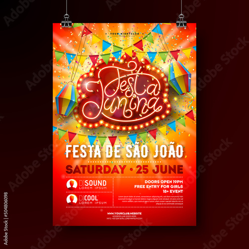 Festa Junina Party Flyer Illustration with Paper Lantern and Retro Light Bulb Billboard on Shiny Red Background.Vector Brazil June Sao Joao Festival Design for Invitation or Holiday Celebration Poster