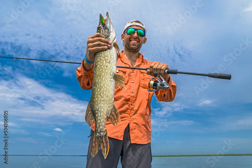 Pike fishing. Successful fisherman hold muskie fish photo