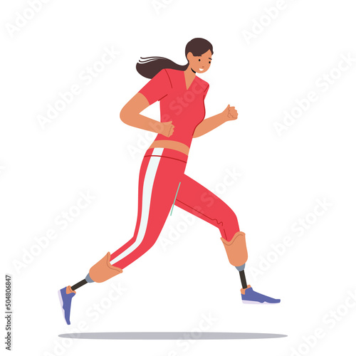 Active Amputee Woman Training, Run Marathon. Disabled Sportswoman with Amputated Limbs Running Competition