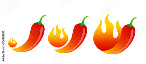 Vector illustration of chilli pepper and flame. Vector set icons of red chili pepper with fire on isolated background.