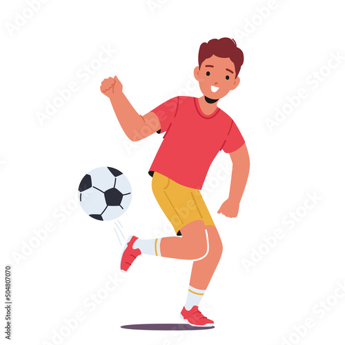 Little Boy Sportsman Kicking Ball Practicing Football Skill, Child Character Playing Soccer Isolated on White Background
