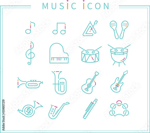 3色の線画アイコン　音楽や楽器