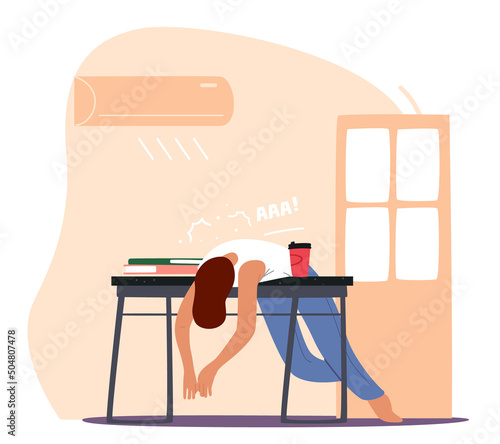 Man Lying on Working Desk Under Conditioner Flow Suffering of Heat Stroke and Fierce Heating. High Temperature at Summer