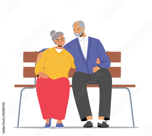Old Man and Woman Sitting on Bench, Hugging Isolated on White Background. Elderly Male and Female Characters Relax