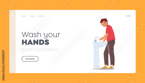 Little Boy Washing Hands in Sink Landing Page Template. Kid Daily Morning or Evening Routine. Child in Bathroom