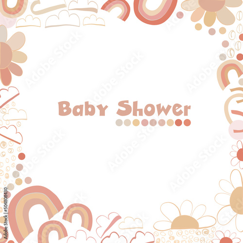 Baby shower frame design rainbow, cloud and daisies greeting card. Abstract pink flower baby girl illustration © Gulsen Gunel