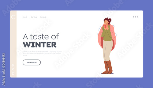 Winter Landing Page Template. Freezing Female Character Wrapped in Warm Plaid Wear Winter Clothes Shivering