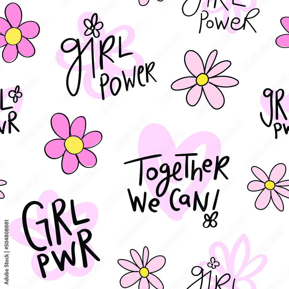 Girl power concept text, cute pink flower and heart drawings. Seamless  pattern repeating texture background design for fashion graphics, textile  prints, fabrics, wallpapers. Stock Vector
