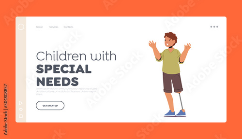 Children with Special Needs Landing Page Template. Handicapped Kid, Disabled Schoolboy with Leg Prosthesis