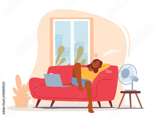 Unhappy Female Character Sweating Sitting at Home with Working Fan Suffering of High Temperature during Hot Period