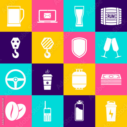 Set Fitness shaker, Stacks paper money cash, Glasses of champagne, beer, Industrial hook and icon. Vector