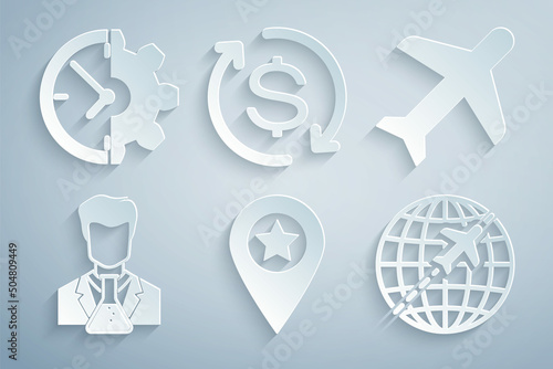 Set Location with star, Plane, Scientist and test tube, Globe flying plane, Return of investment and Clock gear icon. Vector