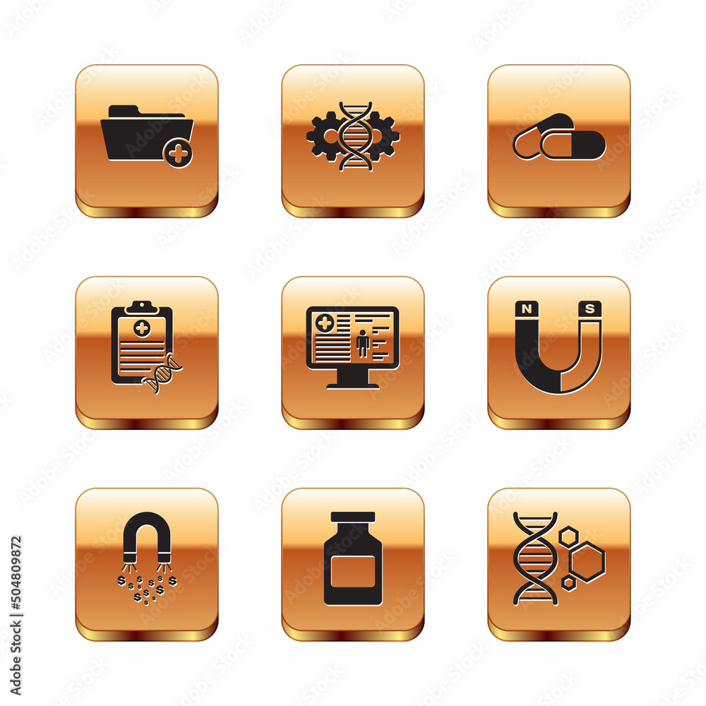 Set Health record folder, Magnet with money, Medicine bottle, Clinical monitor, Clipboard DNA analysis and pill tablet icon. Vector Set Health record folder, Magnet with money, Medicine bottle, Clinical monitor, Clipboard DNA analysis and pill tablet icon. Vector