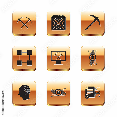 Set Crossed pickaxe, Brain as digital circuit board, Cryptocurrency bitcoin, Mining with monitor and, Blockchain technology and Pickaxe icon. Vector