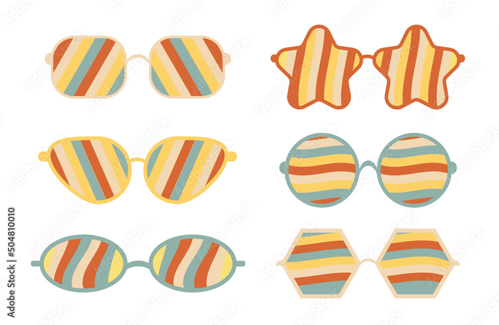 Vector set of psychedelic sunglasses in the style of the 1970s. Retro groovy graphic elements of glasses with rainbow, lines and waves. Hippie boho style stickers Vector set of psychedelic sunglasses in the style of the 1970s. Retro groovy graphic elements of glasses with rainbow, lines and waves. Hippie boho style stickers