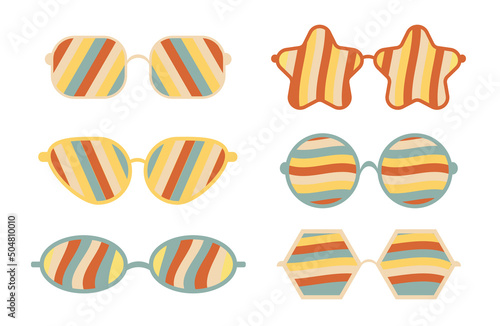 Vector set of psychedelic sunglasses in the style of the 1970s. Retro groovy graphic elements of glasses with rainbow, lines and waves. Hippie boho style stickers