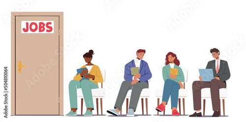 Applicants with Cv Documents Hiring Work. Hr Concept. People Waiting Interview Sitting in Office Hall on Chairs