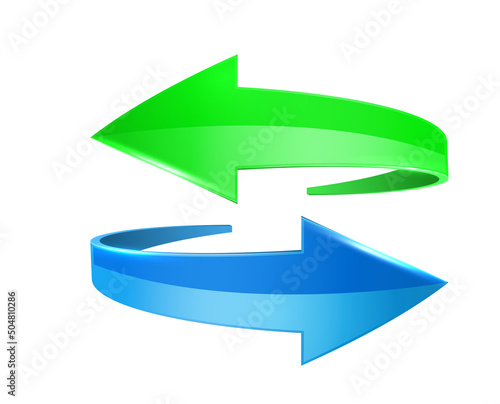 Green and blue 3D glossy arrows are moving towards