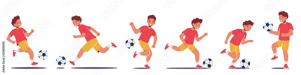 Set Little Boy Playing Soccer Isolated on White Background. Kid Practicing Football Game, Prepare for Tournament