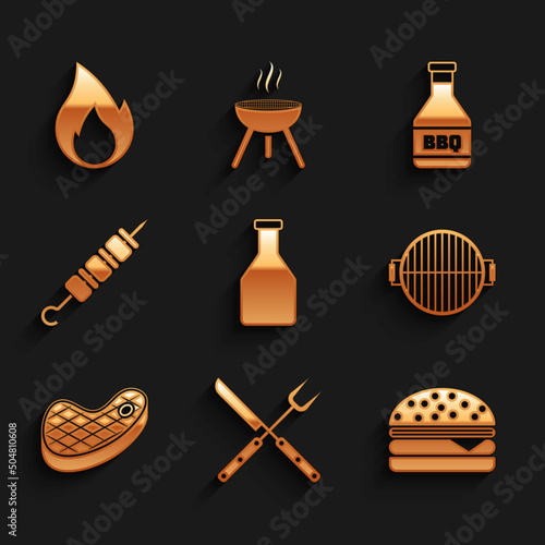 Set Ketchup bottle, Crossed fork and knife, Burger, Barbecue grill, Steak meat, Grilled shish kebab, and Fire flame icon. Vector