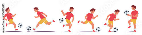 Set Little Boy Playing Soccer Isolated on White Background. Kid Practicing Football Game, Prepare for Tournament