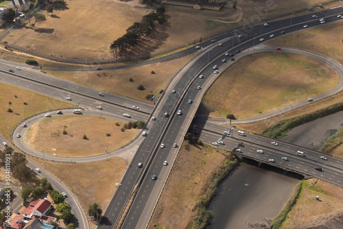 Cape Town, South Africa. 2022. Aerial view of highways M5 and N2 pass under close to Cape Town city centre by the Swart River.