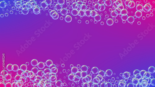 Shampoo bubble. Detergent bath foam, suds and soap for bathtub. 3d vector illustration poster. Blue fizz and splash. Realistic water frame and border. Aqua colorful liquid shampoo bubble.