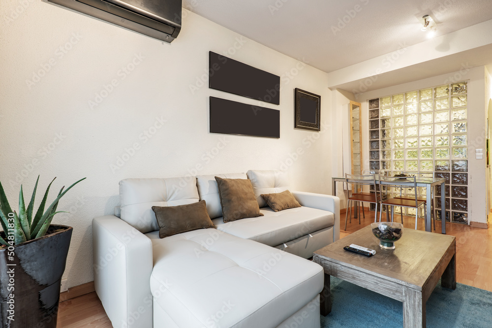 Fototapeta premium Living room with a gray leather sofa with a divan, a wooden side coffee table, a metal dining table and a skylight in the wall with glass paves