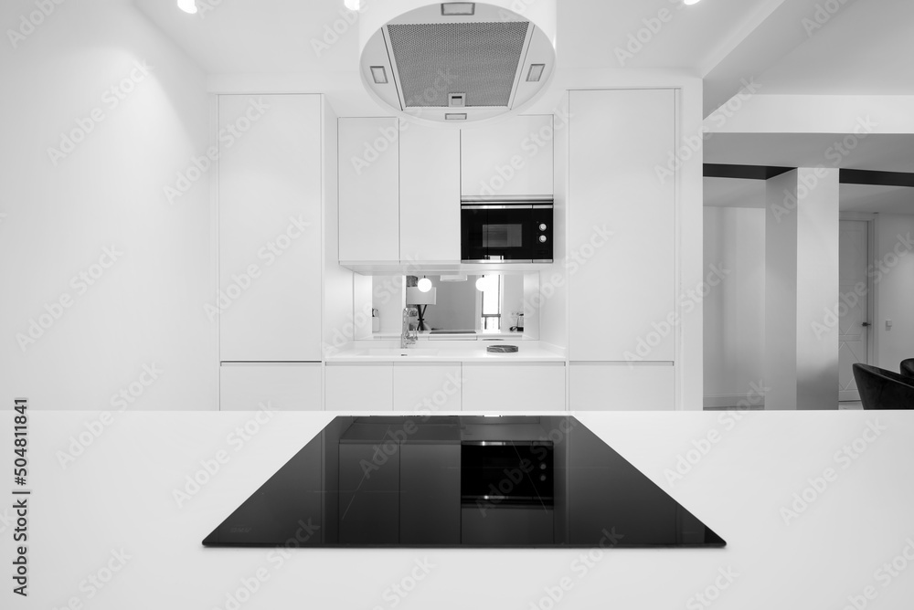 White minimalist design kitchen with integrated appliances in short-term rental apartment White minimalist design kitchen with integrated appliances in short-term rental apartment