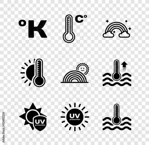 Set Kelvin, Meteorology thermometer, Rainbow with clouds, UV protection, Water, Thermometer sun and icon. Vector