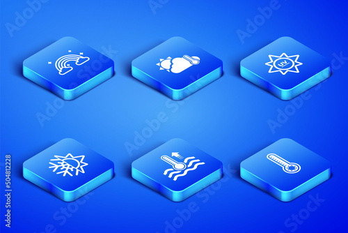 Set Meteorology thermometer, Rainbow with clouds, Water, Sun and snowflake, Thermometer cloud, sun and UV protection icon. Vector