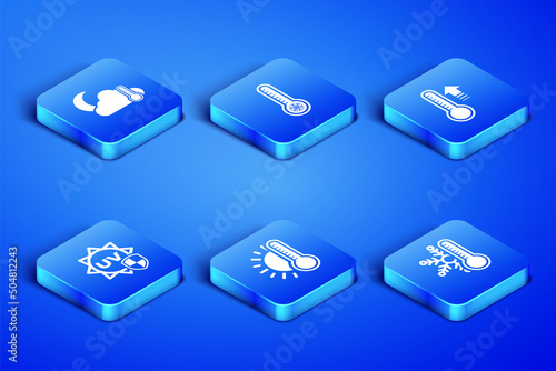 Set Thermometer with snowflake, and cloud, moon, sun, UV protection, Meteorology thermometer and icon. Vector