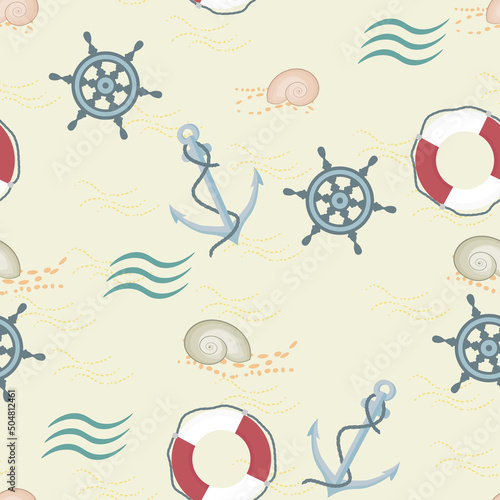marine seamless pattern with anchor, life buoy
