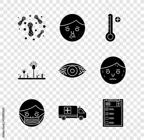 Set Bacteria, Runny nose, Medical digital thermometer, Face in protective mask, Emergency car, Clinical record, Mold and Reddish eye allergic conjunctivitis icon. Vector