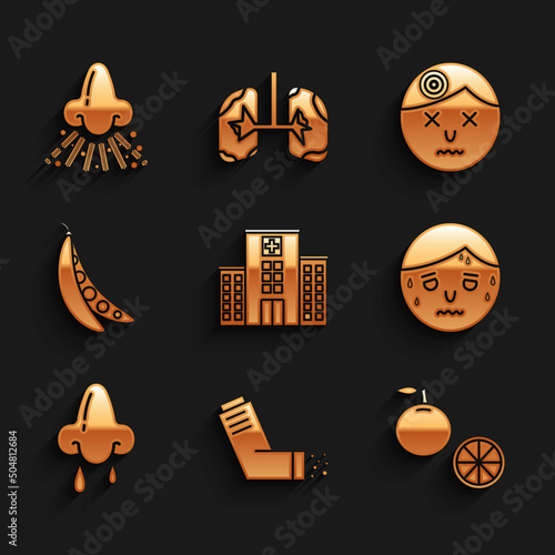 Set Medical hospital building, Inhaler, Orange fruit, Man with excessive sweating, Runny nose, Kidney beans, having headache and icon. Vector