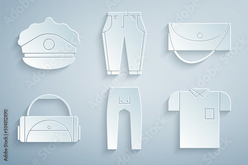 Set Pants, Clutch bag, Sport, Polo shirt, and Police cap with cockade icon. Vector